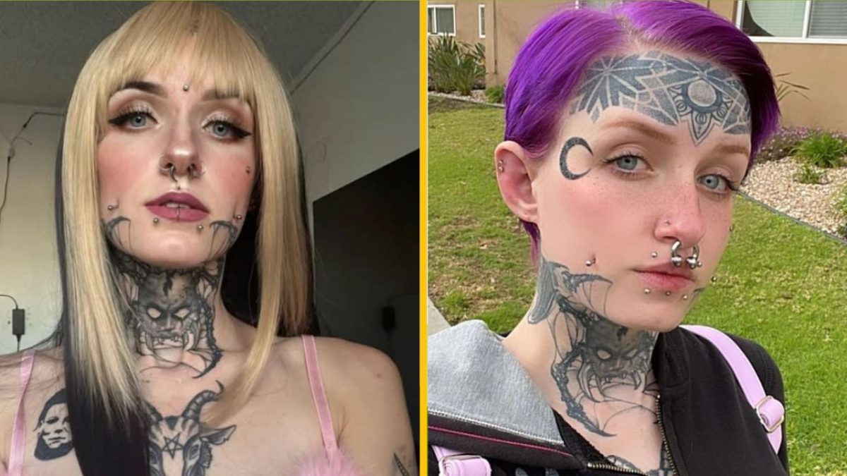 Dve ženy s výraznými tetovaniami na tvári a piercingom, každá má iný účes a prostredie na pozadí.