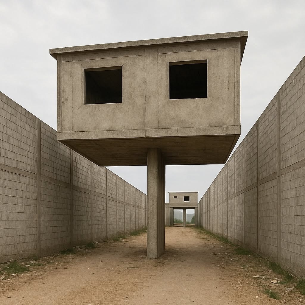 Moderná betónová stavba na stĺpoch medzi vysokými múrmi, architektonický dizajn s otvorenými prázdnymi oknami.