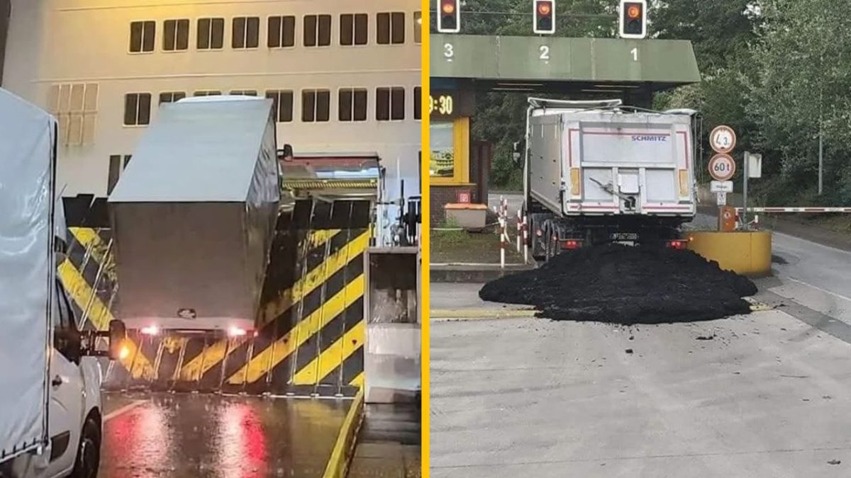 Kamión zachytený pri vstupe na trajekt a vedľa neho nákladný automobil s nákladom vyklopeným na ceste.