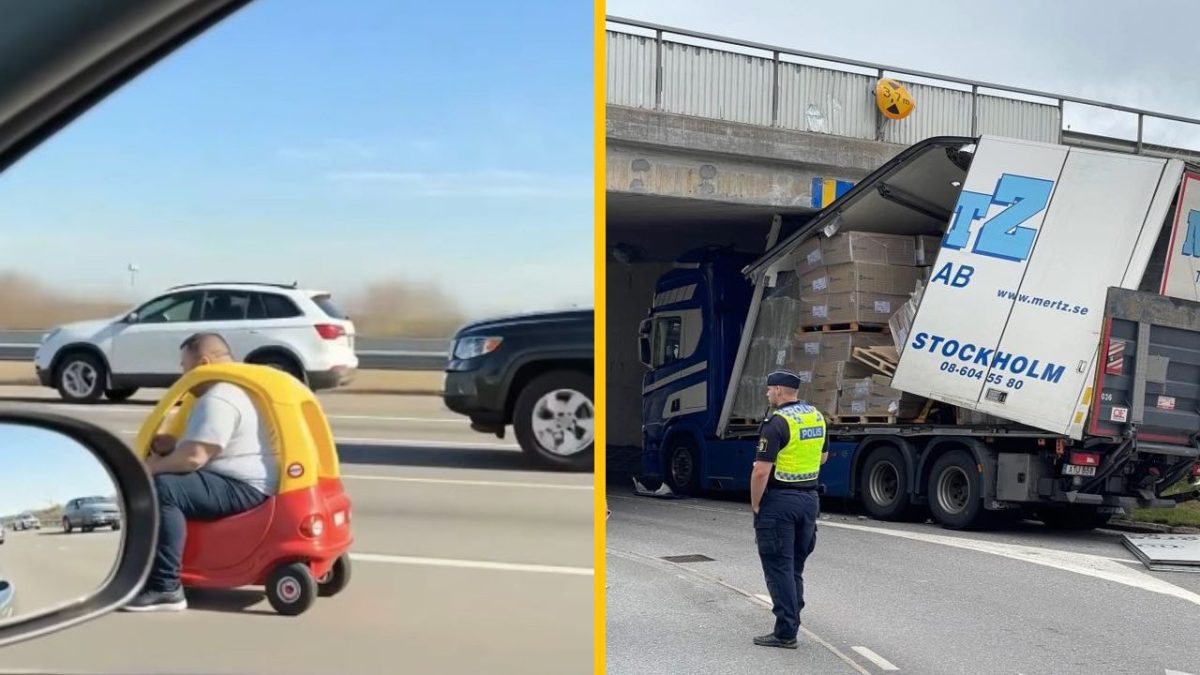 Dospelý na detskom aute na diaľnici a nákladné auto zakliesnené pod mostom. Nezvyčajné situácie na ceste.