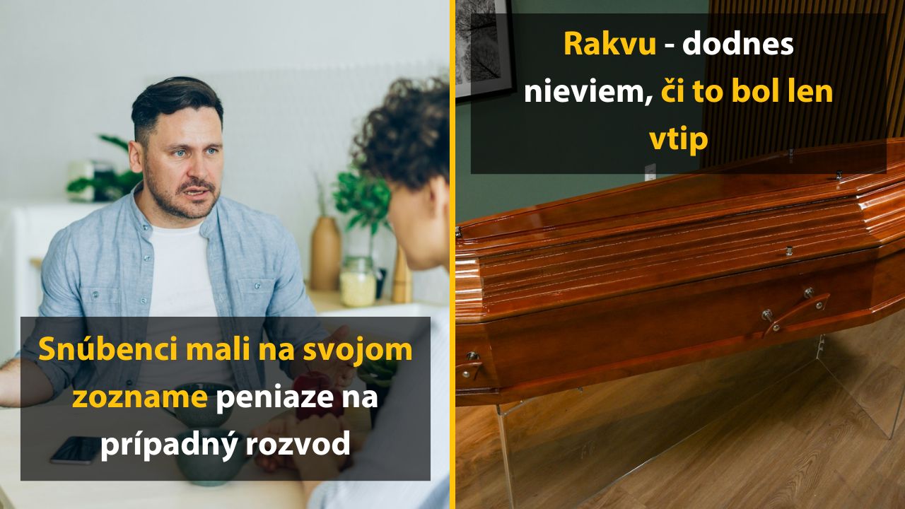 Snúbenci diskutujú o financiách, vedľa rakva s nápisom o vtipe. Humor v manželstve a finančné plánovanie.