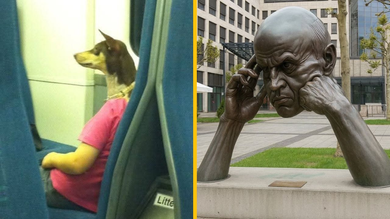 Pes sediaci ako človek vo vlaku vedľa sochy zamysleného muža v parku.