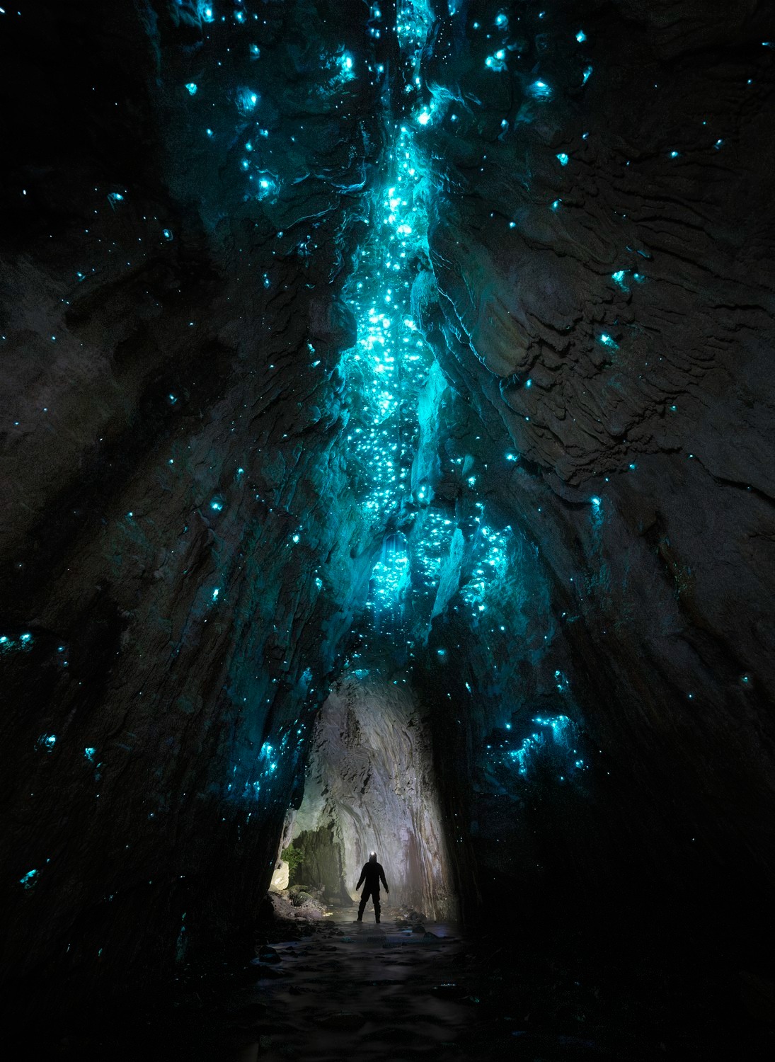 Osoba stojaca v tmavej jaskyni s modrým bioluminiscenčným svetlom na stenách.