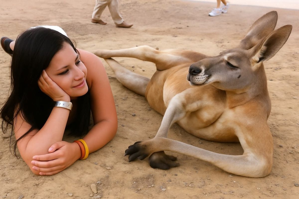 Žena ležiaca vedľa odpočívajúceho kengury na piesočnatom povrchu, obaja pôsobia uvoľnene a priateľsky.