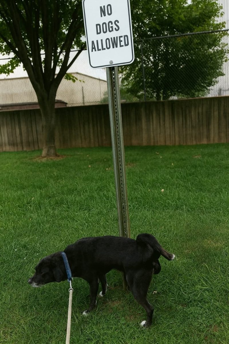 Pes na vodítku pri značke Zákaz vstupu psov na trávniku v parku.