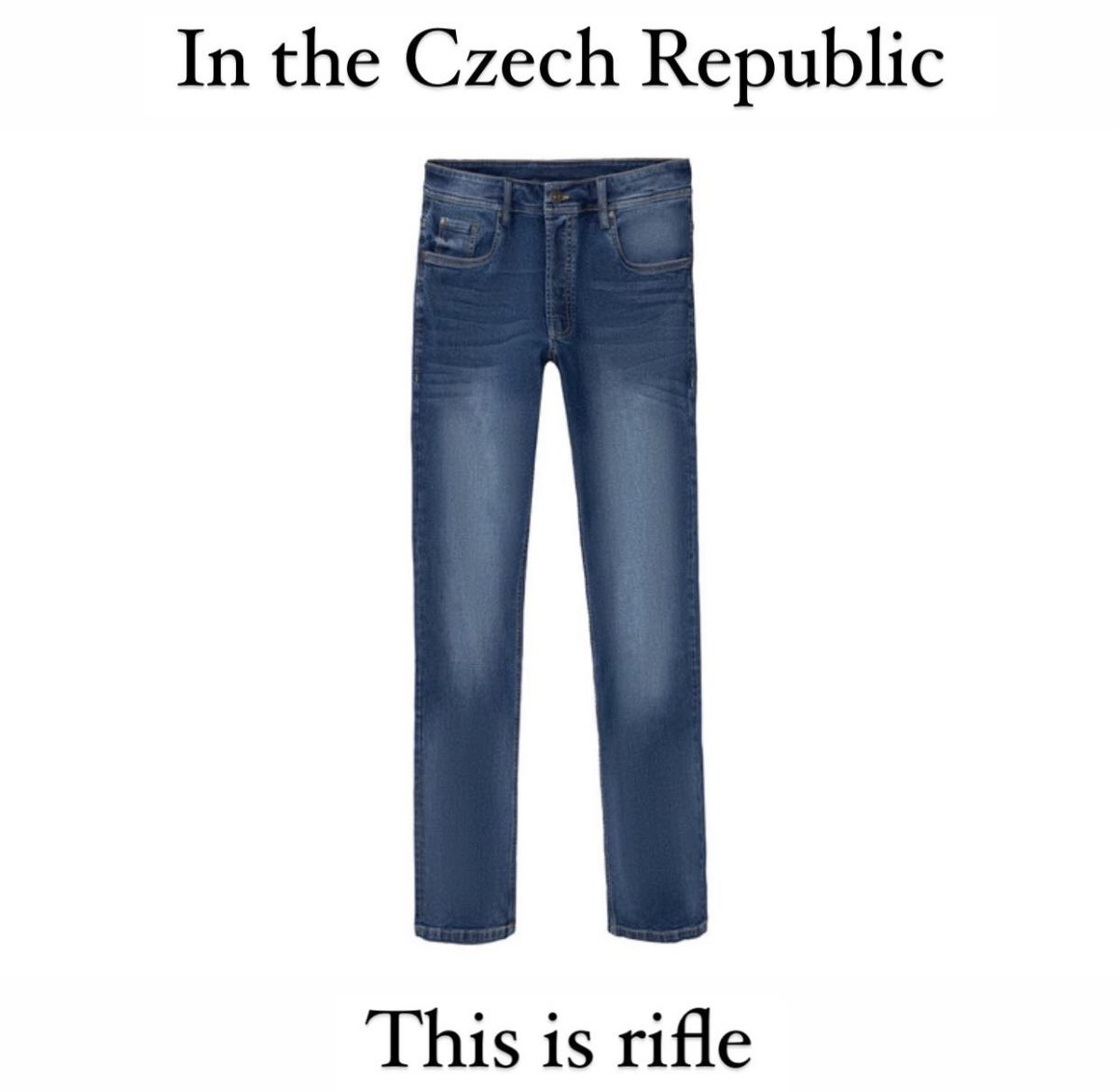 Džíny značky Rifle na bielom pozadí s nápisom v angličtine o českých krajinách.