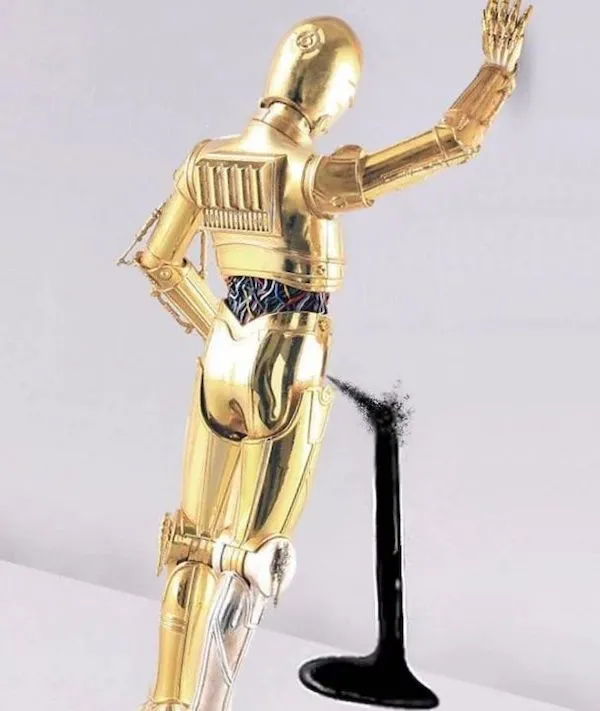 Zlatý robot vylievajúci čiernu tekutinu z ruky, stojaci na svetlom pozadí.