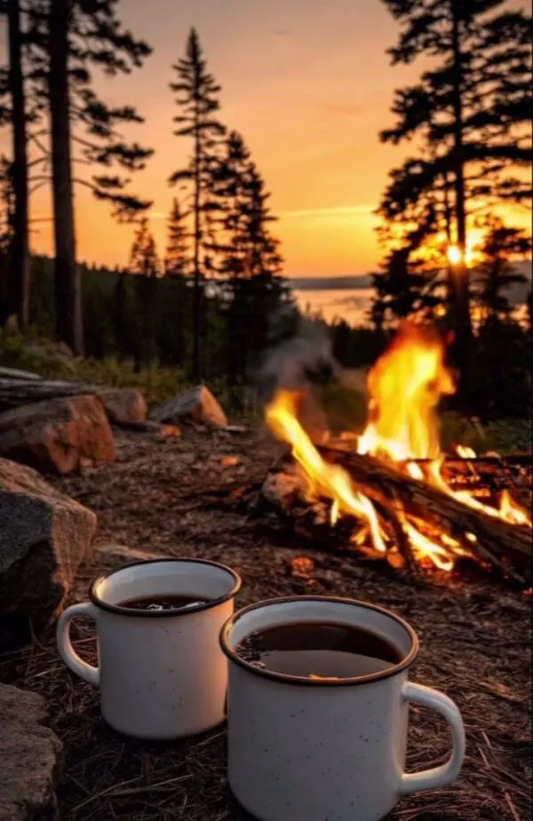 Dva šálky kávy pri táboráku v borovicovom lese počas západu slnka.