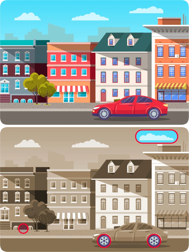 Obrázok farebnej a šedivej ulice s autami, ukazujúci rozdiely medzi dvomi verziami mestského prostredia.