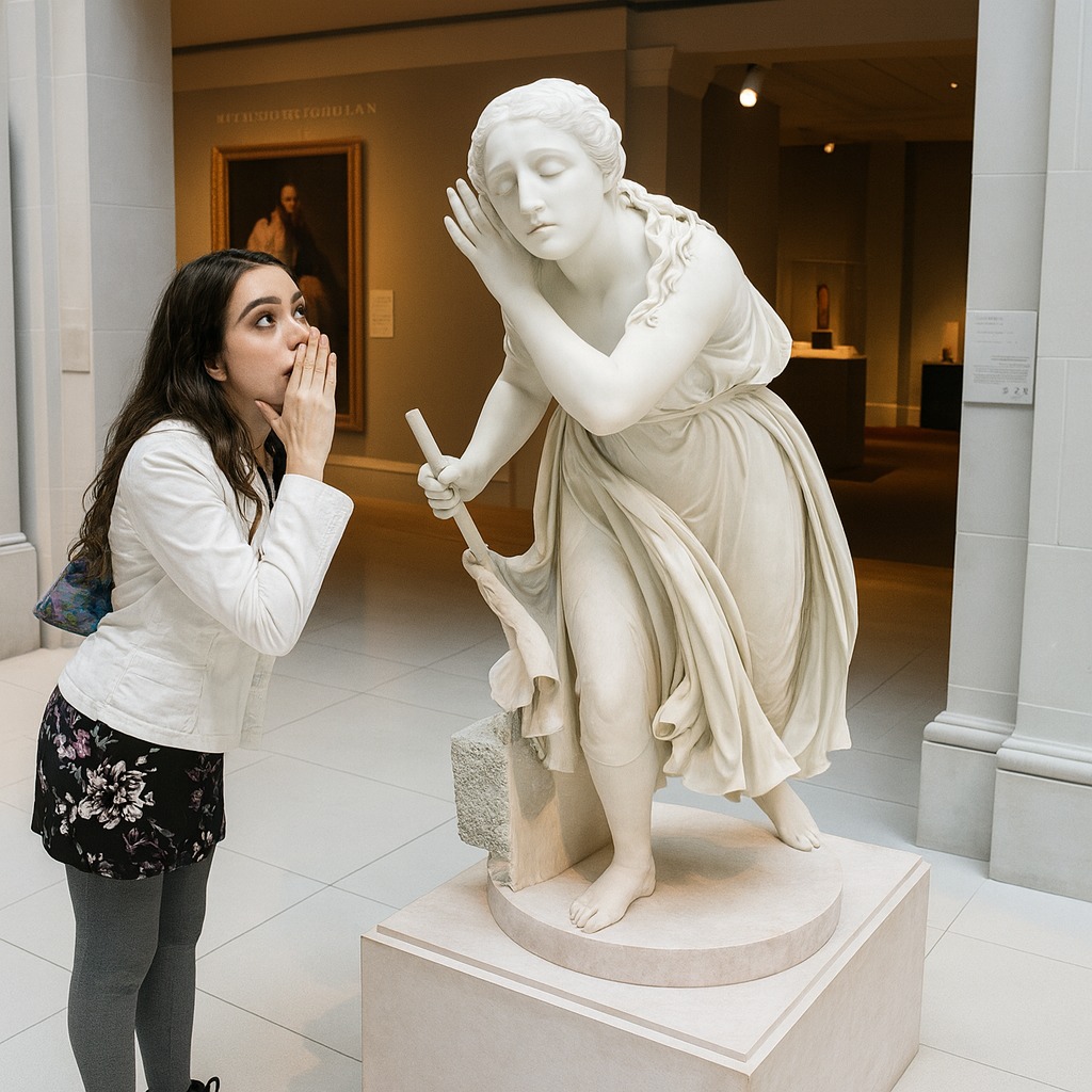Dievča šepká sochárskej postave v múzeu, vytvára hravý moment medzi umením a návštevníkom.