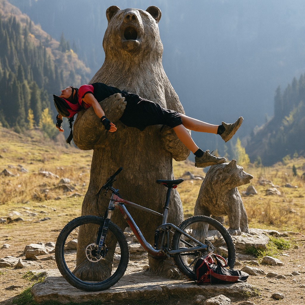 Cykloturista na soche medveďa v horách, vedľa horského bicykla.