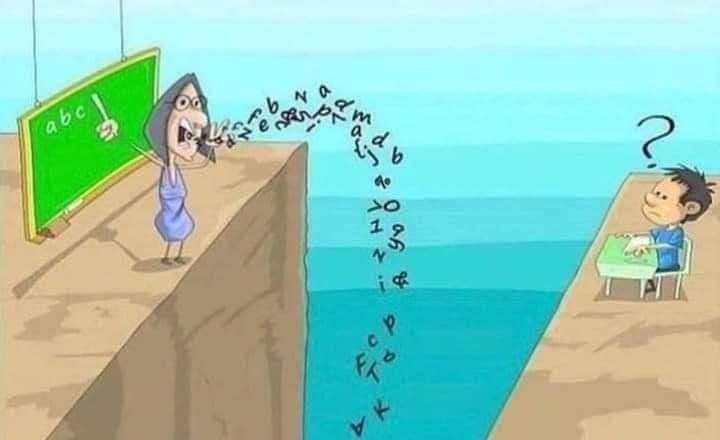 Učiteľka kričí písmená cez priepast; študent na druhej strane neporozumie, čo spôsobuje zmätok.