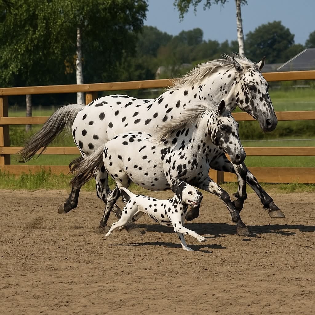 Na obrázku sú dve škvrnité kone a dalmatínsky pes bežiaci po pieskovej ploche vo výbehu.