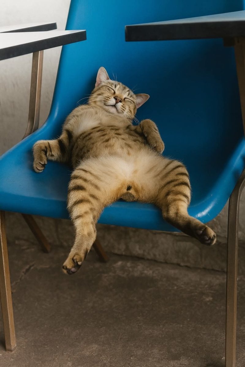 Relaxujúca mačka leží rozvalená na modrej stoličke medzi stolmi a vychutnáva si oddych.