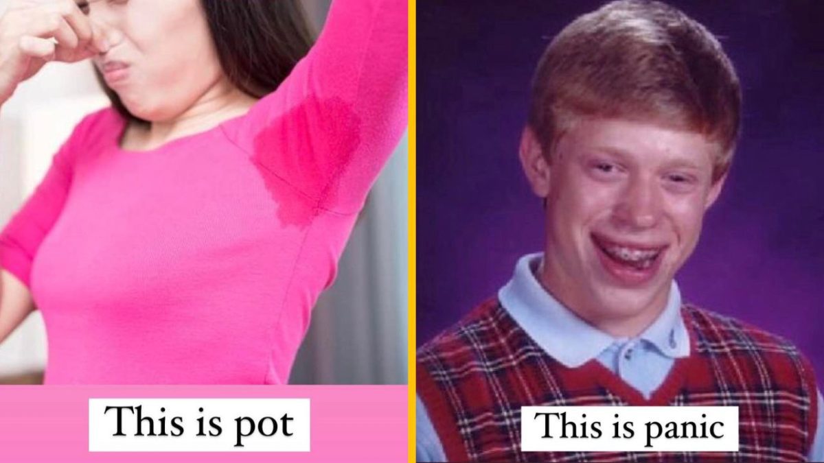 Žena v ružovom tričku s mokrou škvrnou v podpazuší naľavo, šikanovaná chlapcom v košeli napravo.