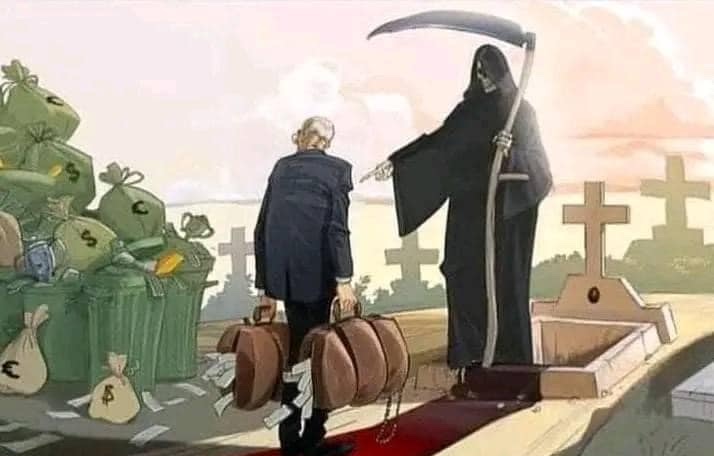 Muž s kuframi peňazí pred Smrťou, ktorá ho usmerňuje do hrobu na cintoríne.