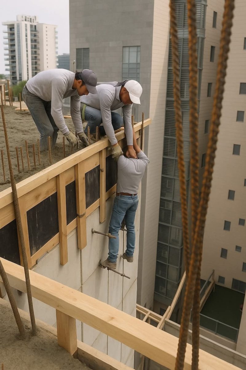 Pracovníci na stavbe pomáhajú kolegovi pri práci na okraji poschodia budovy.