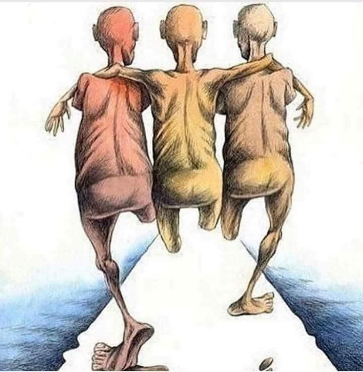 Traja muži kráčajúci po ceste, navzájom sa podopierajú vo vzájomnej opore a symbolike priateľstva.