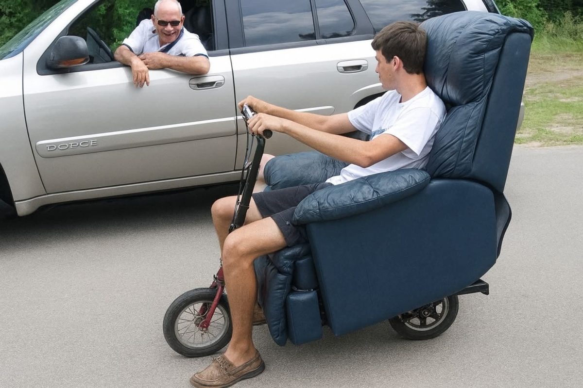 Muž na kolieskovom kresle sa zhovára s vodičom auta na ceste, obaja sa smejú.