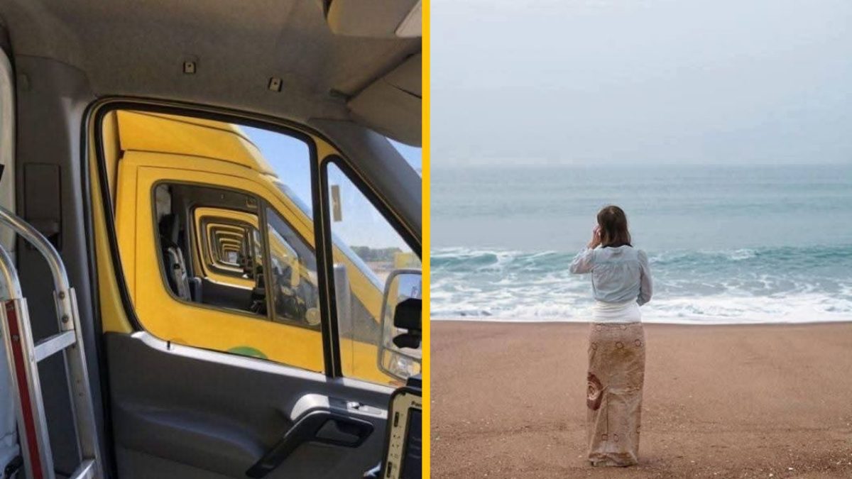 Ľavá polovica ukazuje odraz žltých dodávok, pravá žena na pláži hľadí na more.