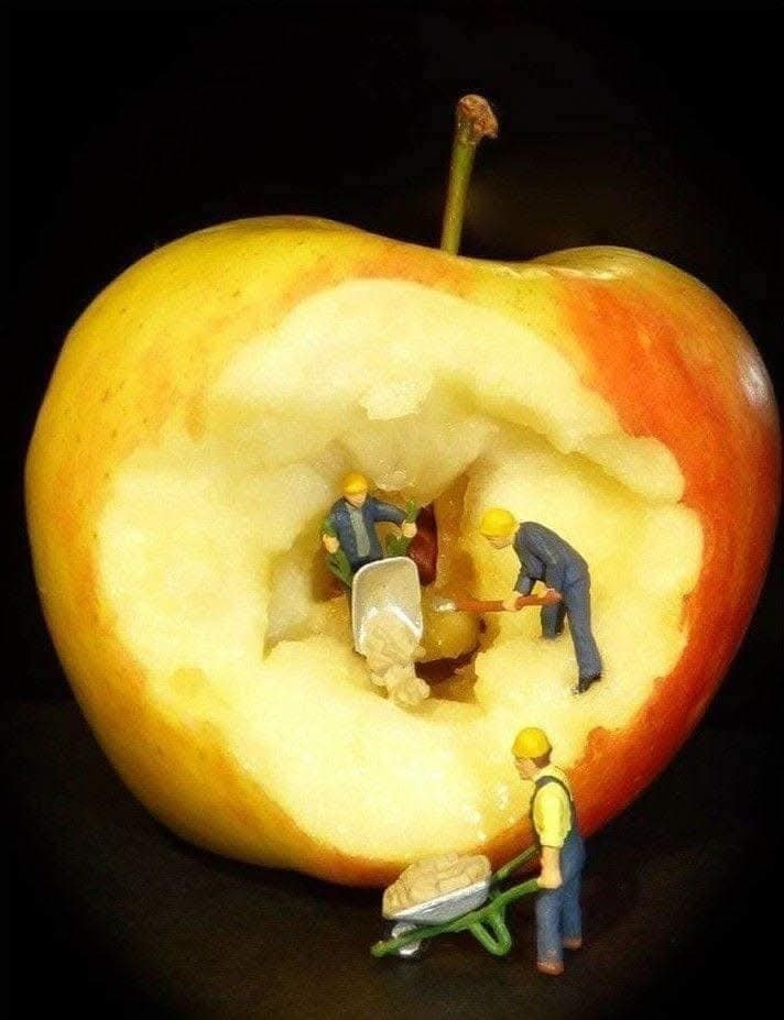 Miniatúrni robotníci pracujúci vo vnútri obrovského rozkrojeného jablka, vozia a kopú bielu hmotu.