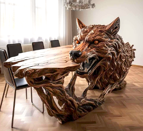 Stôl v tvare vlka s realistickými detailmi v modernom interiéri s parketovou podlahou a stoličkami.