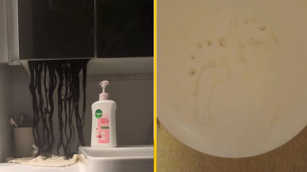 Naľavo visiace čierne šnúry z poličky a fľaša s mydlom, napravo odtlačok nohy na podlahe.