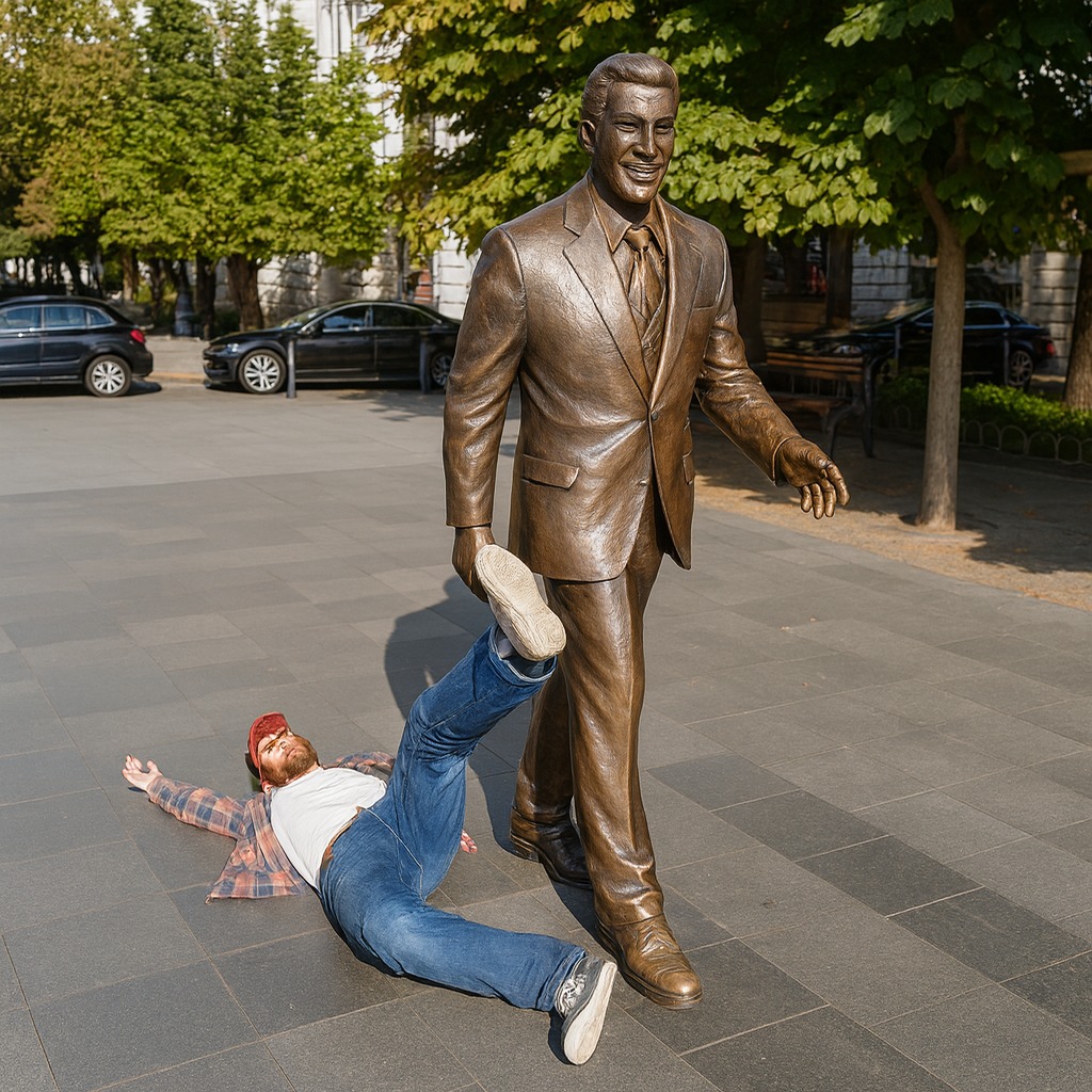 Muž leží na zemi pri bronzovej soche v parku, jeho noha prekrýva jej nohu.