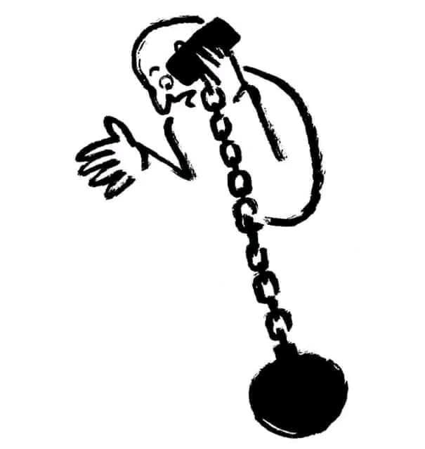 Osoba s mobilom pripútaná reťazou k závaží, symbolizuje závislosť na telefóne.