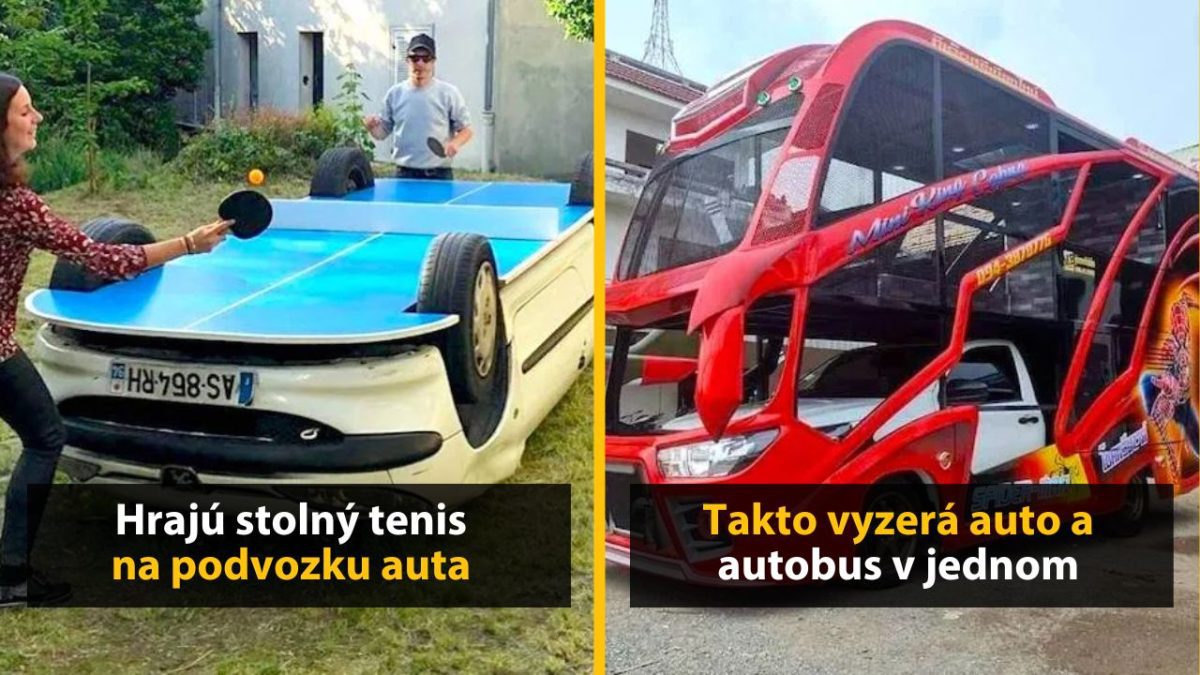 Ľudia hrajú pingpong na prevrátenom aute a kreatívne auto v tvare autobusu na dvore.