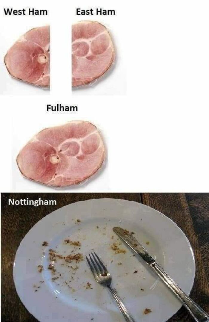 Plátky šunky s názvami: West Ham, East Ham, Fulham; prázdny tanier: Nottingham. Humorné zobrazenie mestských častí.