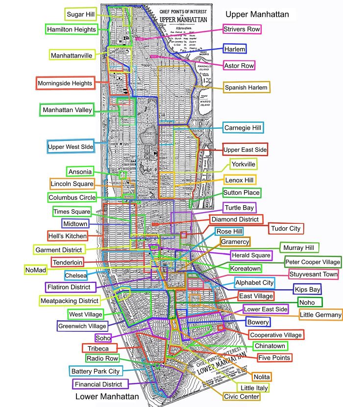 Mapa Manhattanu s vyznačenými štvrťami ako Harlem, Midtown, Soho a ďalšie, zobrazuje kľúčové oblasti.