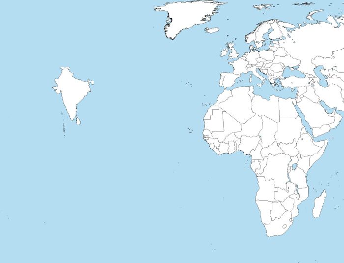Mapa sveta zobražujúca kontinenty Európy, Afriky a časti Ázie, bez krajín a hraníc.