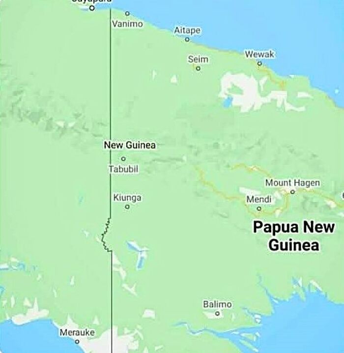 Mapa Papuy Novej Guiney s označenými mestami: Vanimo, Aitape, Wewak, Mount Hagen, Mendi, Tabubil a ďalšie.