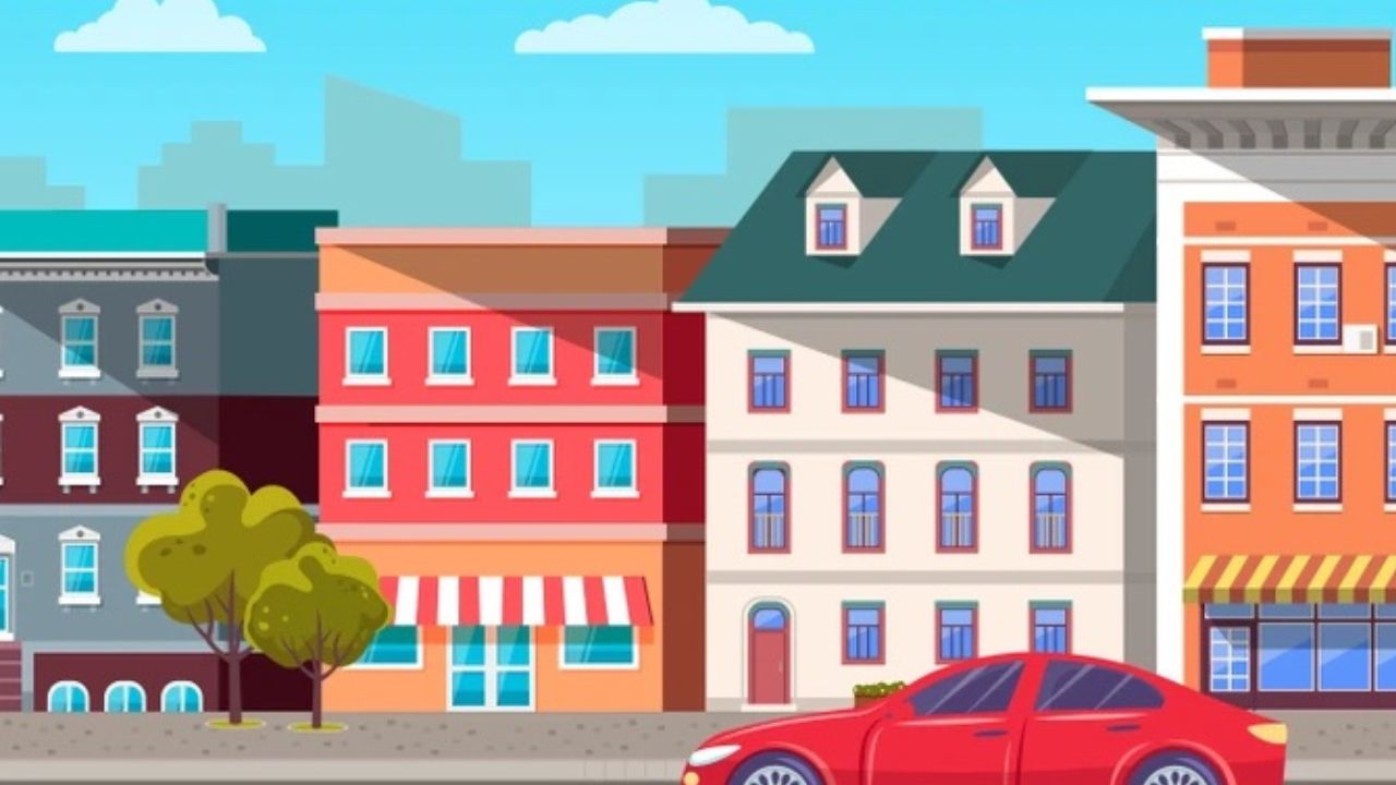 Animované mestské domy s červeným autom v popredí na slnečnej ulici.