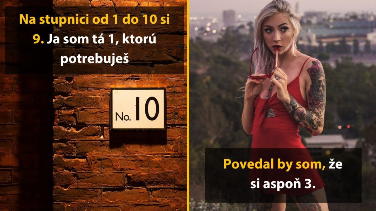 Žena v červených šatách s tetovaním stojí vedľa tehlovej steny s číslom 10.