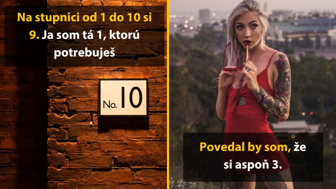 Žena v červených šatách s tetovaním stojí vedľa tehlovej steny s číslom 10.