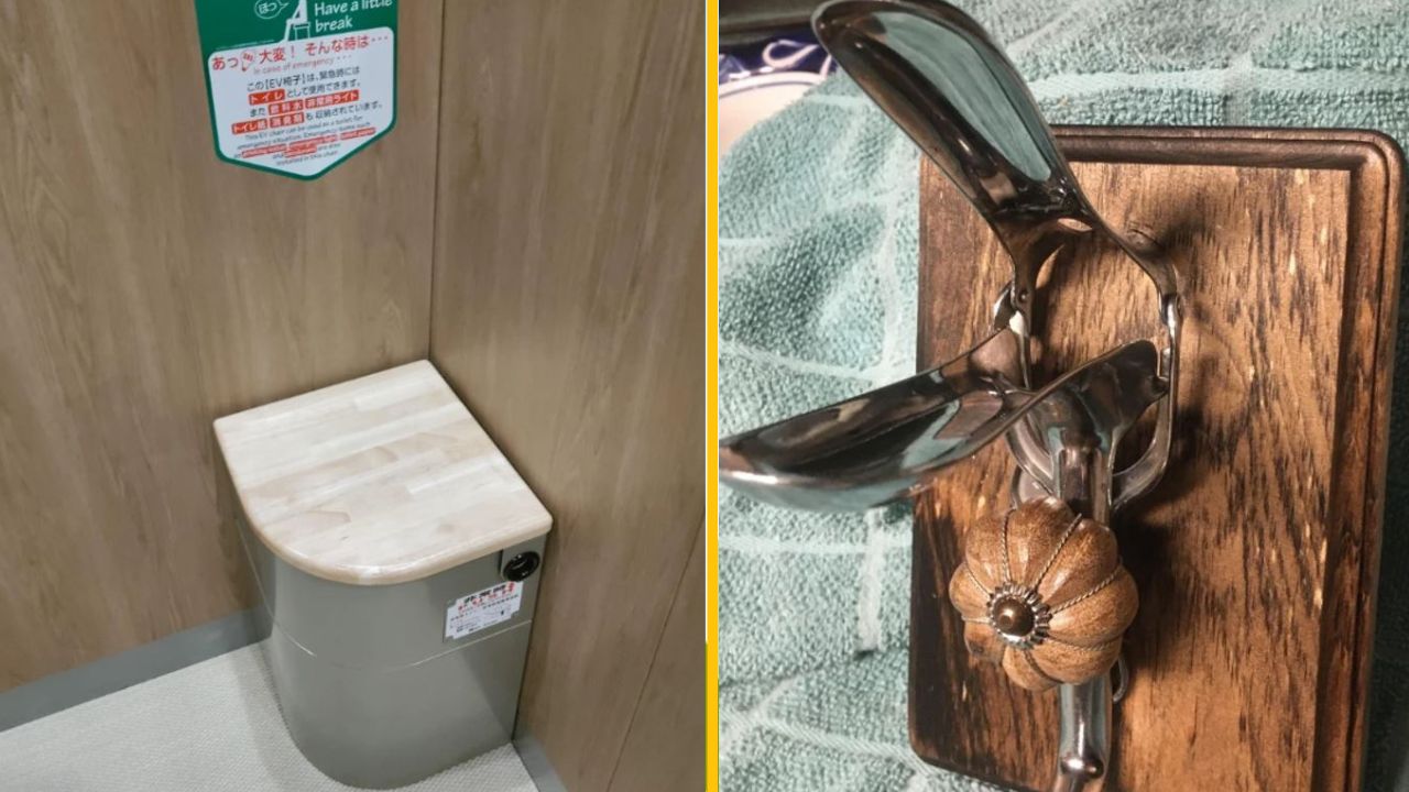 Lavica v stene s návodom na použitie a detailný pohľad na dverné kľučky s neobvyklým dizajnom.