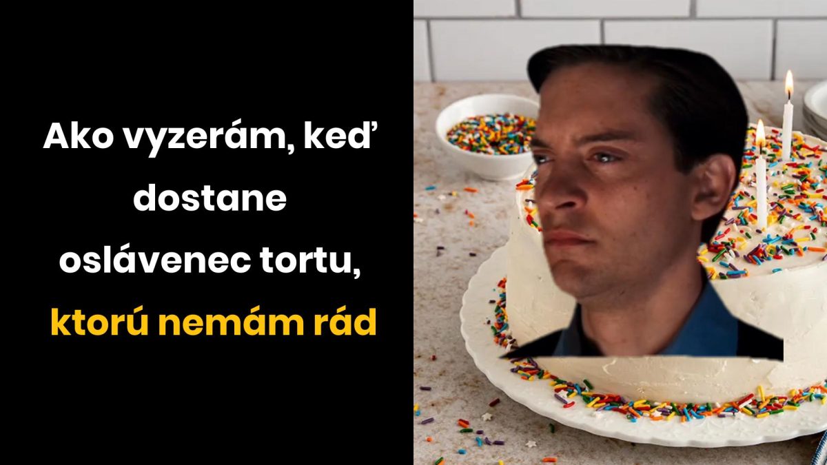 Oslávenec so smutným výrazom pred tortou, ktorá mu nechutí, s farebnými posýpkami a sviečkami.