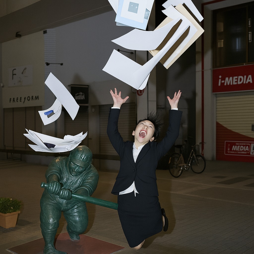 Osoba skáče nad sochou s baseballovou pálkou, papiere lietajú vzduchom, večerná ulica na pozadí.