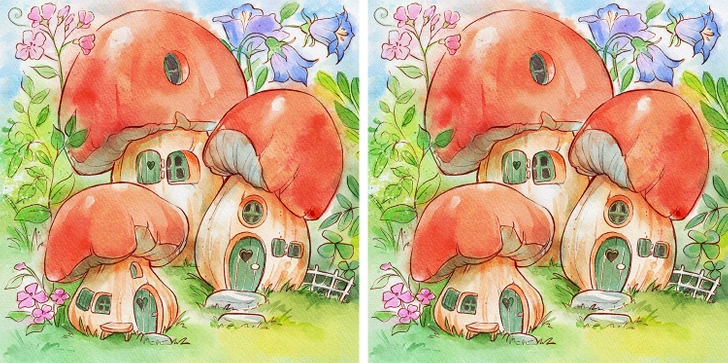 Kreslené domčeky v tvare húb obklopené kvetmi a zeleňou v lese. Fantazijná scenéria pre deti.