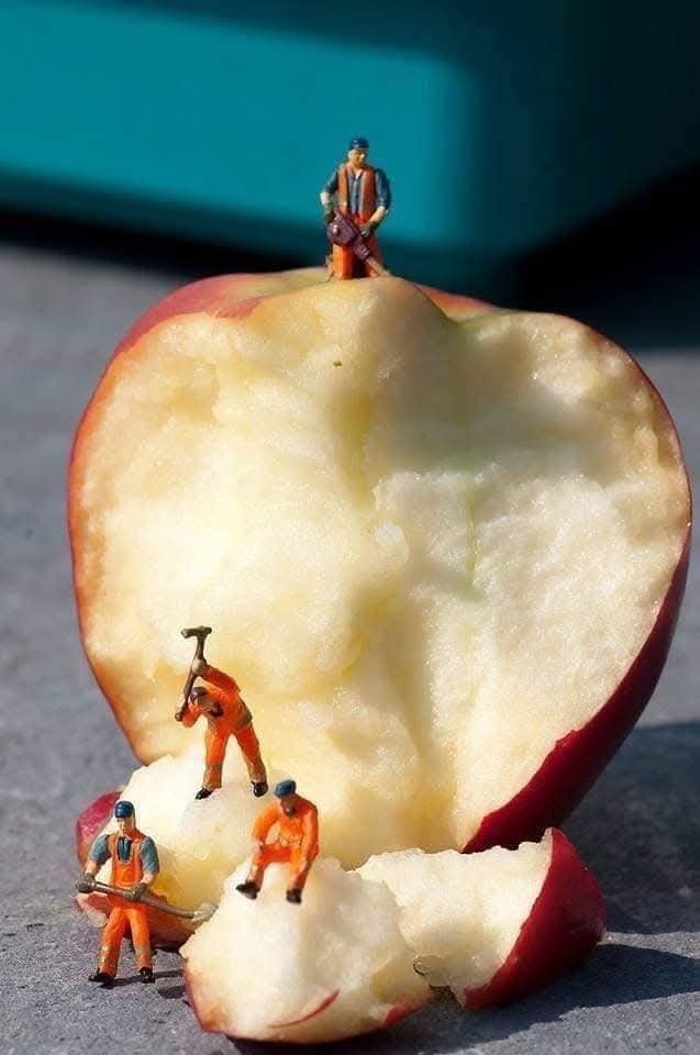 Miniatúrne figúrky robotníkov pracujú na odkrojenom jablku. Kreatívna scéna zobrazuje ich činnosť na ovocí.