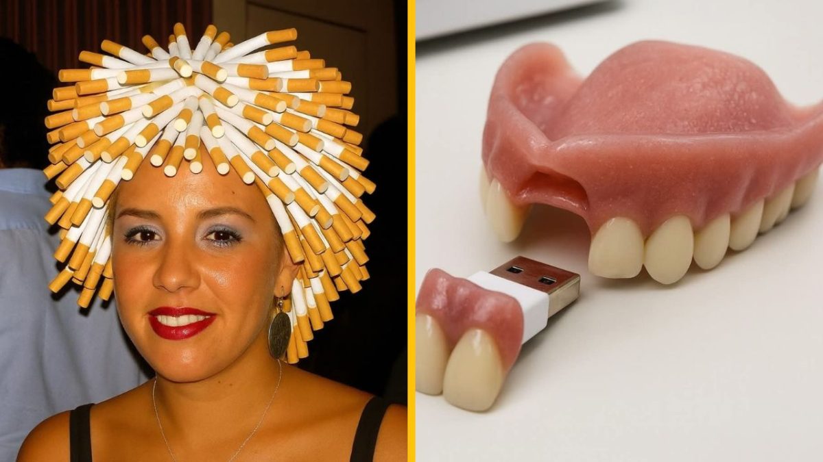 Žena s extravagantným klobúkom z cigariet vedľa USB kľúča v tvare zubnej protézy, kreatívny dizajn.