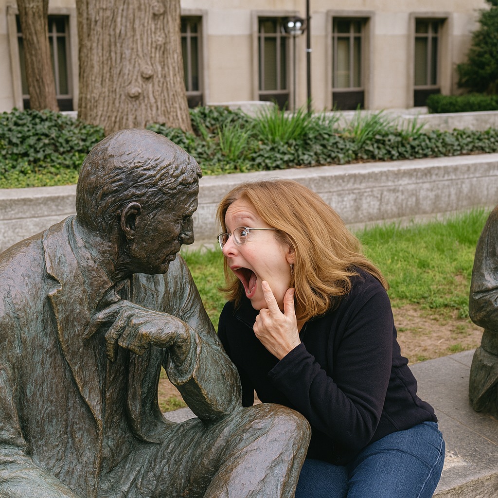 Žena žartovne napodobňuje sochu sediaceho muža v parku, pohoršený výraz tváre zaujme okoloidúcich.
