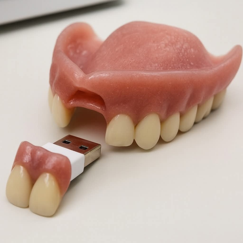 USB kľúč v tvare zubnej protézy, originálny gadget na bielom pozadí.