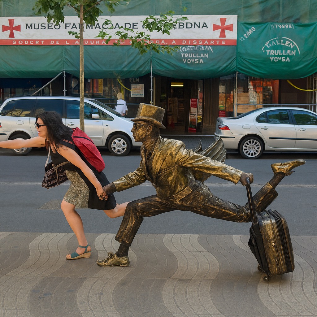 Žena pózujúca s bronzovou sochou muža s kufrom na kolieskach na rušnej ulici.