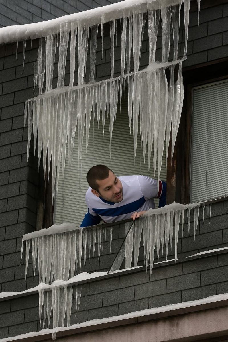Muž sa pozerá z okna budovy obklopenej visiacimi cencúľmi.