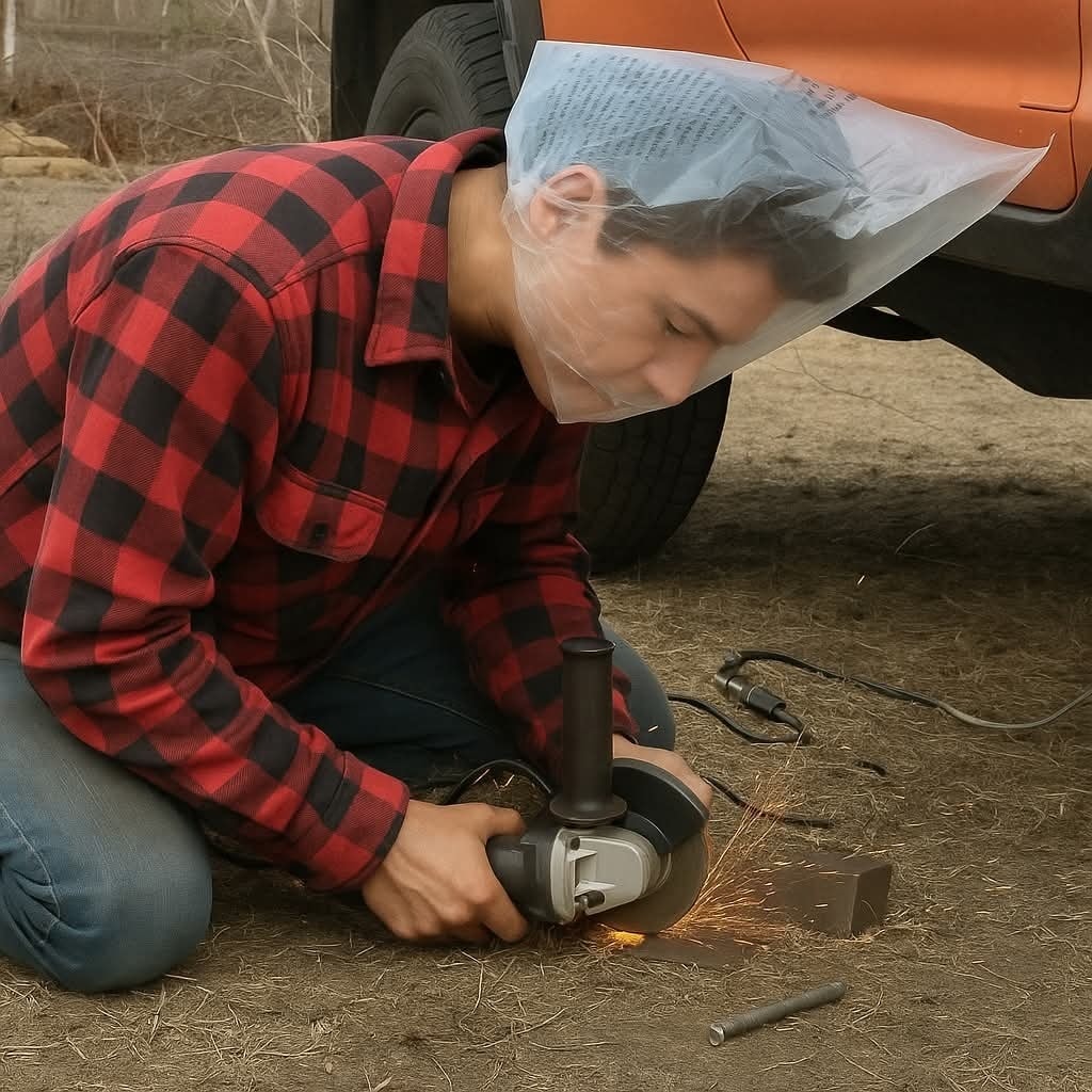 Osoba v károvanom tričku brúsi kovový predmet uhlovou brúskou na dvore, hlavu má chránenú plastovým krytom.