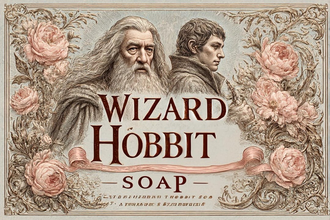 Ilustrácia so starším mužom a mladíkom obkolesená kvetmi, nadpis Wizard Hobbit Soap.