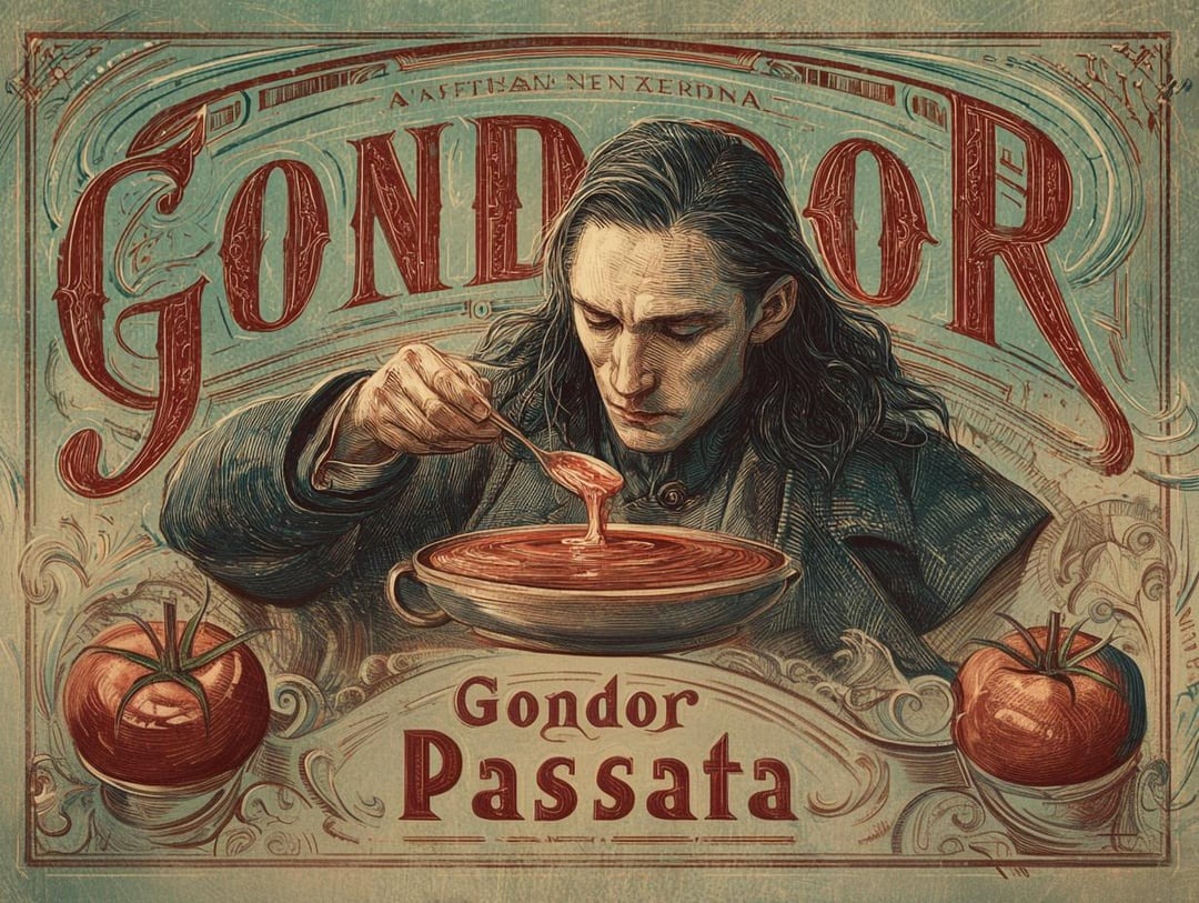 Ilustrácia muža miešajúceho paradajkovú polievku s nápisom Gondor Passata v retro štýle.